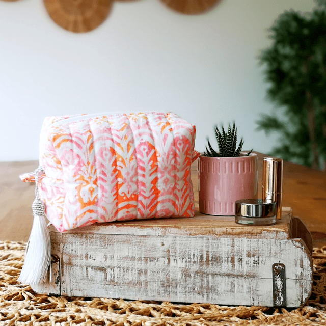 Cosmetic Bag Quilted - Pink &amp; Orange Batik